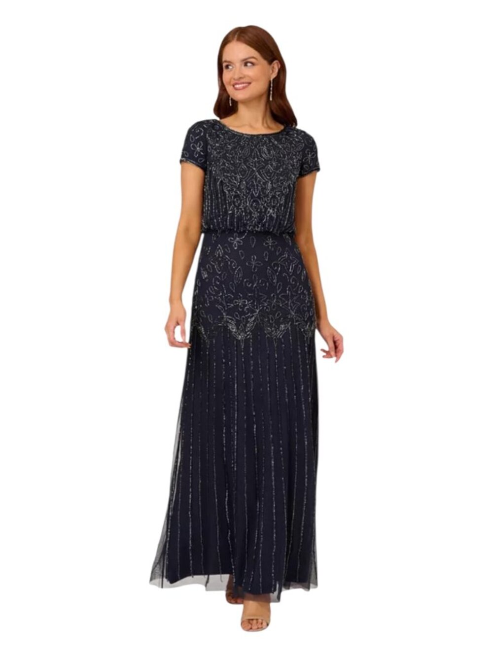Adrianna Papell Beaded Blouson Gown in Navy (Size 12)